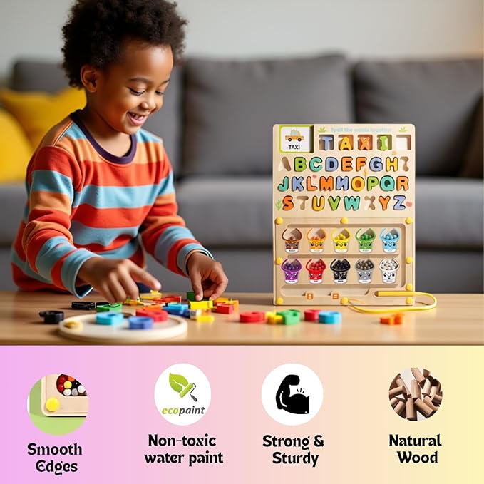 Wooden Puzzle Board for Kids Montessori Educational Toys Toddlers Preschool Learning Activities 3 4 5 6 Year Old Girls Boys Birthday Gifts Travel Toys for 3+ and Alphabet Magnetic Maze Ages 3-5