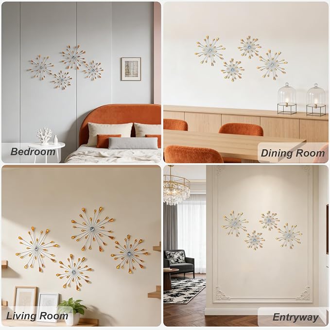 ZEXUIRU 4 Set Silver Starburst Wall Art for Home Decor Metal Bling Crystal Rhinestones Sunburst Wall Decor Sparkling Rhinestone Art Accent -Orange 13in/11.8in/9.8in/9.8in
