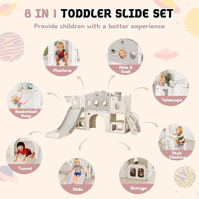 GITAWUSA 8 in 1 Toddler Slide, Outdoor Indoor Playset for Kids Baby Age 1 2 3, Childs Climber Slide with Storage Space and Non-Slip Steps, Basketball Hoopa and Telescope, Gray & White