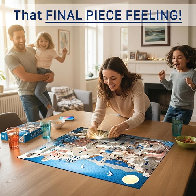 Santorini (#6) – 1000 Piece Jigsaw Puzzle for Adults | Premium European Blue Board | Satin Low-Glare Finish | Ribbon Cut | Bonus Poster | Display-Worthy Box | Printed in USA | Final Piece Puzzles