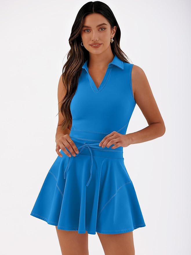 Caracilia Women's 2 Piece Tennis Dress Set-Polo Neck Sleeveless Mini Dresses with Shorts,Golf Casual Workout Athletic Sports