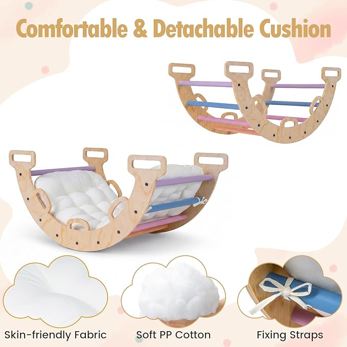 Costzon Wooden Rocking Climbing Arch w/Cushion, 3-in-1 Montessori Kids Climber Rocker for Toddlers, Playground Climbing Ladder Toy, Indoor Gym Learning Playset for Boys Girls Ages 1+ (Multi-Color)