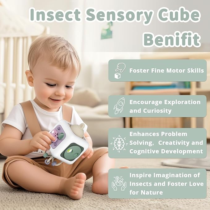 Baby Busy Board Cube, Toys for Boy Girl, Montessori Travel Toys for Toddlers, Learning Fine Motor Skills| Birthday Gifts for Infant Boys Girls (Insect Busy Cube)