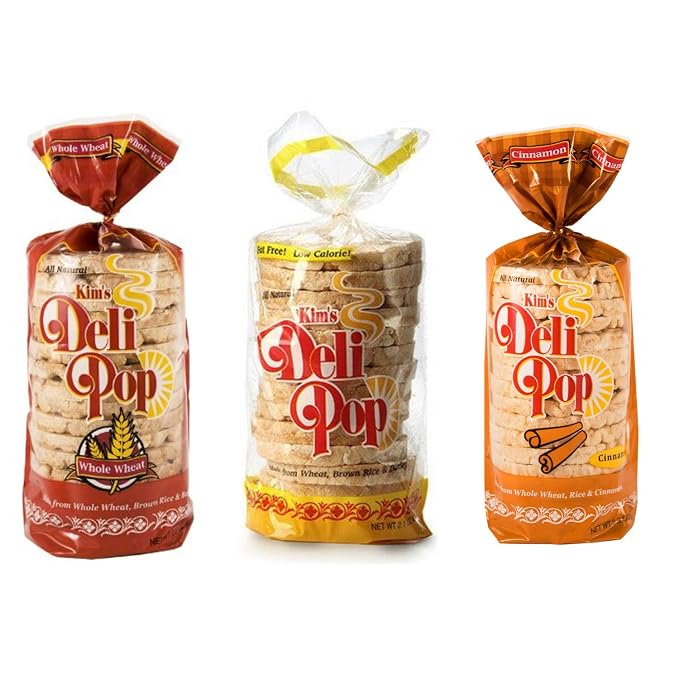 Kim’s Deli Pop Rice Cakes | Original, Whole Wheat, Cinnamon | Multigrain, Natural, Vegan | Sugar Free Korean Snack | Low Calorie, Low Fat | Variety 3 Pack |