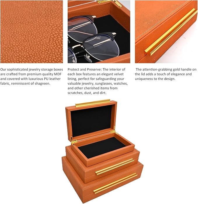 Faux Shagreen Stackable Decorative Velvet Lining Storage Boxes Set of 3 | Jewelry Organizers With Gold Metal Handles, Modern Burn Orange Box for Vanity, Entryway & Coffee Table Décor