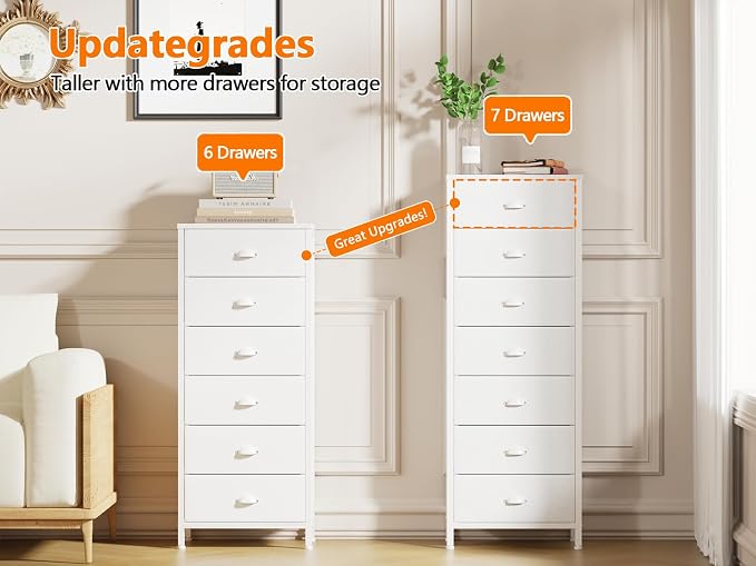 White Tall Dresser for Bedroom, Chest of Drawer with Fabric Drawer | Tall Skinny Dresser with 7 Drawers, Metal Frame, Wooden Top, Dorm Vertical Closet, Bedside Furniture in Living Room