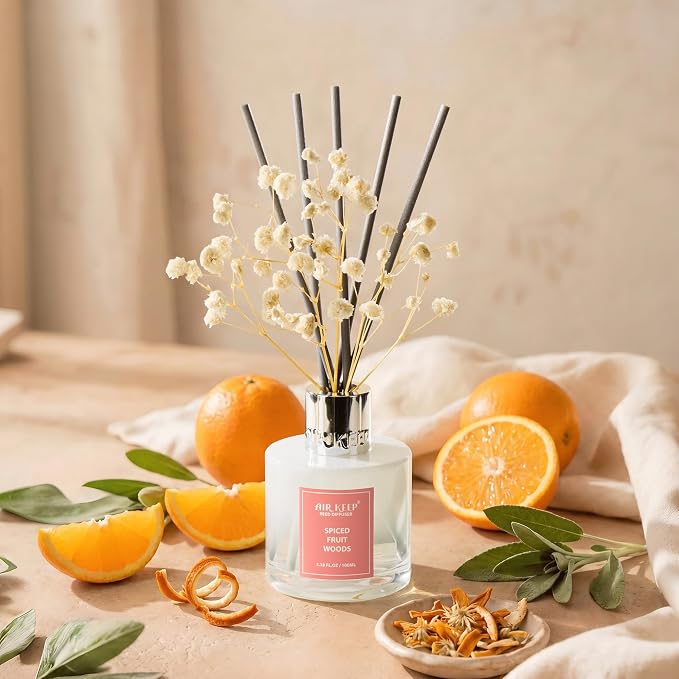 Airkeep Reed Diffuser Set,3.38 fl oz (100 ml) - Spiced Fruit Woods Oil Diffusers with 8 Reed Sticks, Home Fragrance Reed Diffuser for Bathroom Shelf Decor