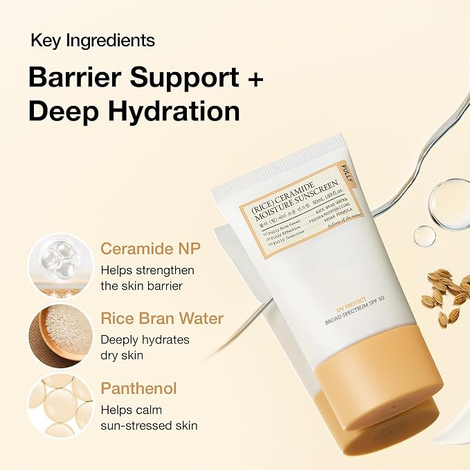FULLY Rice Ceramide Moisture Sunscreen, SPF 50, No White Cast, 1.69 fl oz | Non-Sticky Finish, Lightweight, Korean Broad Spectrum Sunscreen for All Skin Types, Panthenol for Hydrating and Glowing
