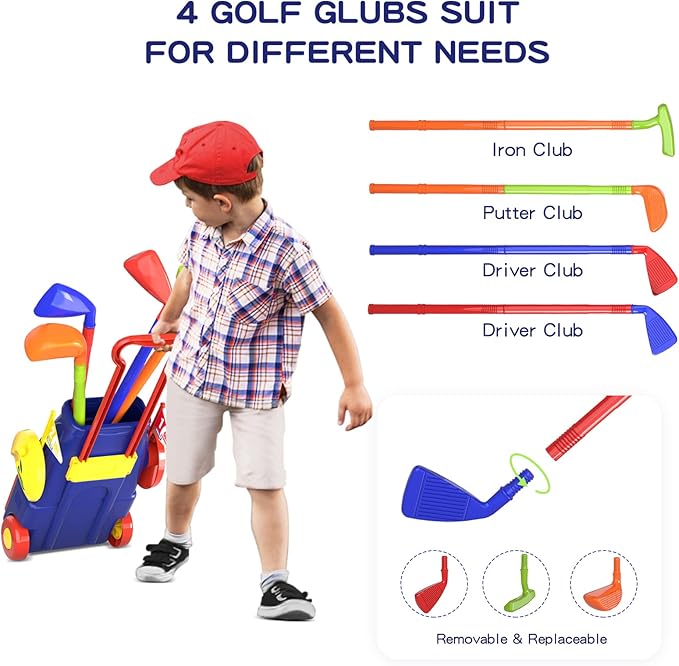 QDRAGON Kids Golf Clubs, 2 in 1 Toddler Golf Set with 8 Balls/Cornhole Board & Putting Mat/Golf Cart with Wheels, Indoor Outdoor Sport Toys Gifts for Boys Girls Ages 3 4 5 6+, Blue