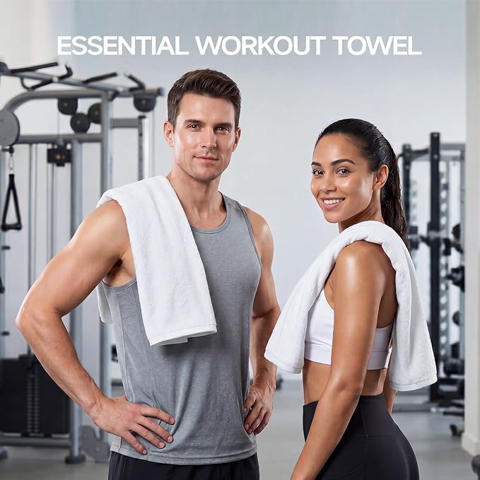 REDKISS 2 Pack Cotton Workout Towels, 43" x 16" Super Absorbent Soft Gym Towels for Men & Women, Large Sweat Sports Towel for Yoga Running Swimming Travel Camping - White