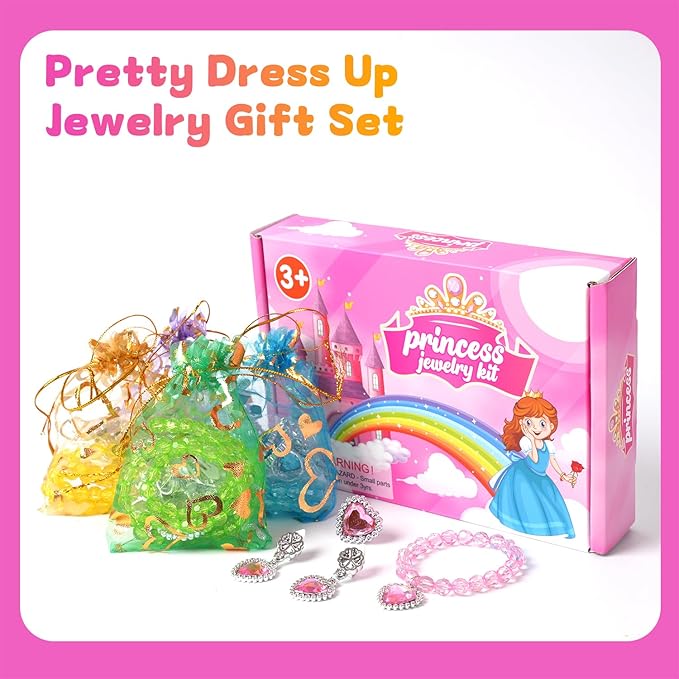 Princess Jewelry Set for Girls with Colorful Necklace Bracelets Rings Earrings Birthday Gifts Party Favors Pretend Play Dress up Costume Friendship Jewelry for Toddler Girls (Heart)