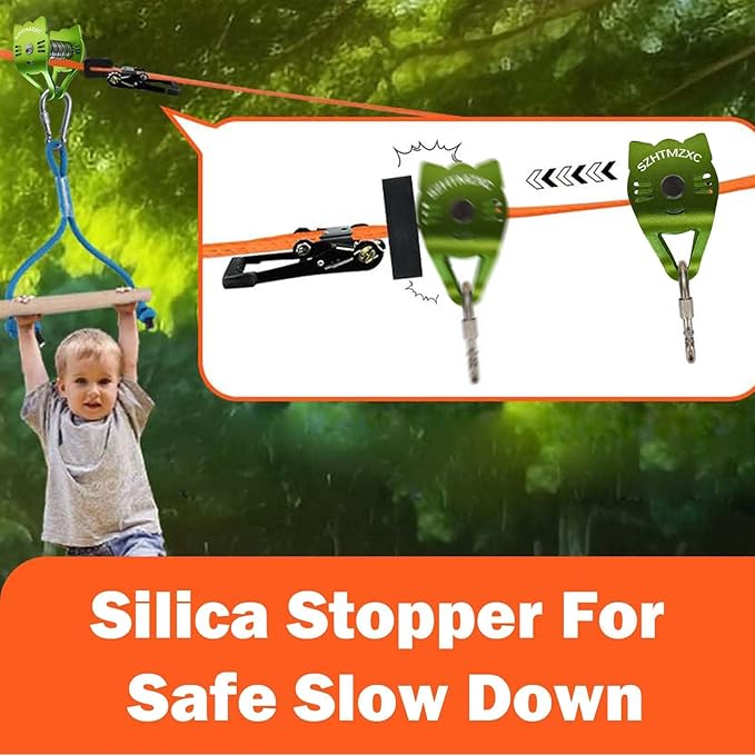 Zipline Pulley Cat Kits, Ninja Slackline Slider, Smooth and Silky, Zipline Brake Stopper for Slackline Zip line, Quick Setup for Kids Backyard Outdoor Playground Fitness Equipment