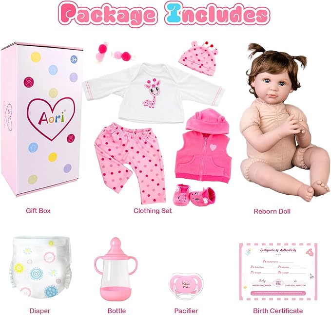 Aori Reborn Baby Girl Dolls - 22 Inch Realistic Lifelike Newborn - Handmade Soft Vinyl Girl Doll with Feeding Accessories | Weighted Cuddly Baby Toddler Gift Set for Kids 3+