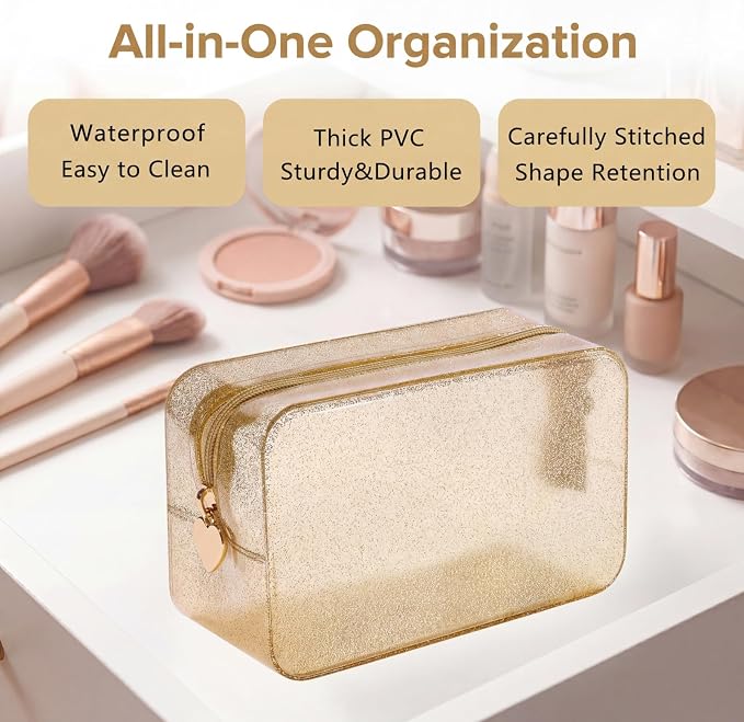 RSRSLEII Stardust Twinkle Jelly Travel Makeup & Toiletry Bag, Waterproof PVC Cosmetic Bag/Case for Women，Zipper SPF Beach Bag for Sunscreen Skincare and Daily Essentials (10Gold)