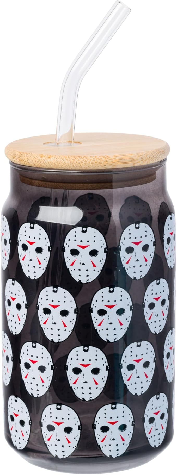 Silver Buffalo Friday the 13th Featuring Jason Vorhees Glass Jar Tumbler with Bamboo Lid and Glass Straw, 16 Ounces