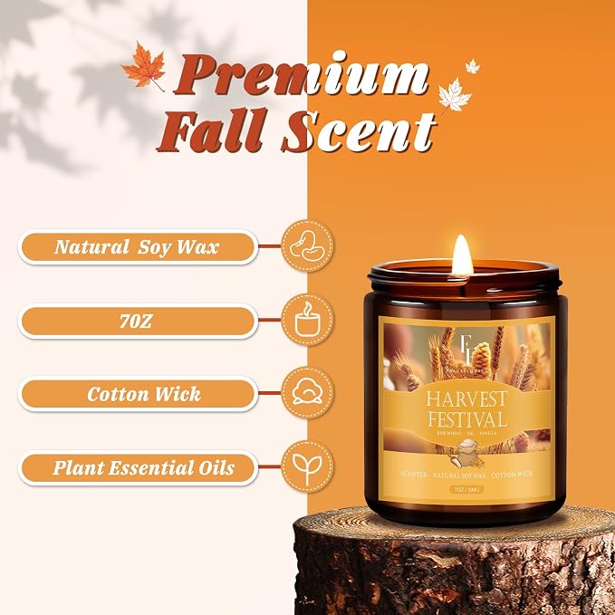 Christmas Fall Candle, Harvest Festival Scented Candles for Home, Natural Soy Autumn Candle Aromatherapy Candle, 7 oz Jar Candles Holiday Gifts for Women Men
