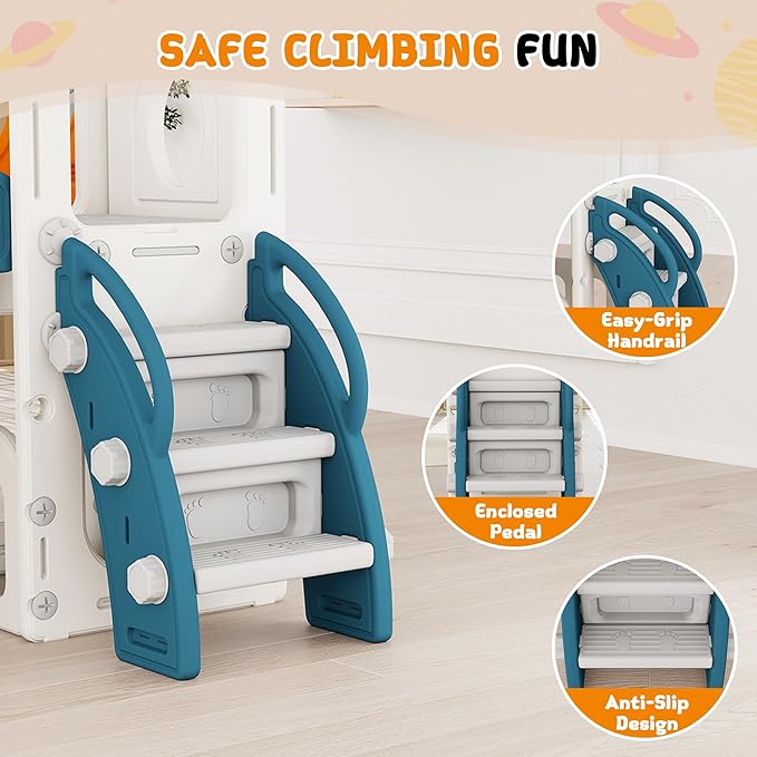 GITAWUSA 9 in 1 Toddler Slide Set Playground Indoor & Outdoor Fun for Kids & Babies Aged 1-3, Featuring Climbing Board, Basketball Hoop, Telescope, Storage Space and Non-Slip Steps, Yellow & Green