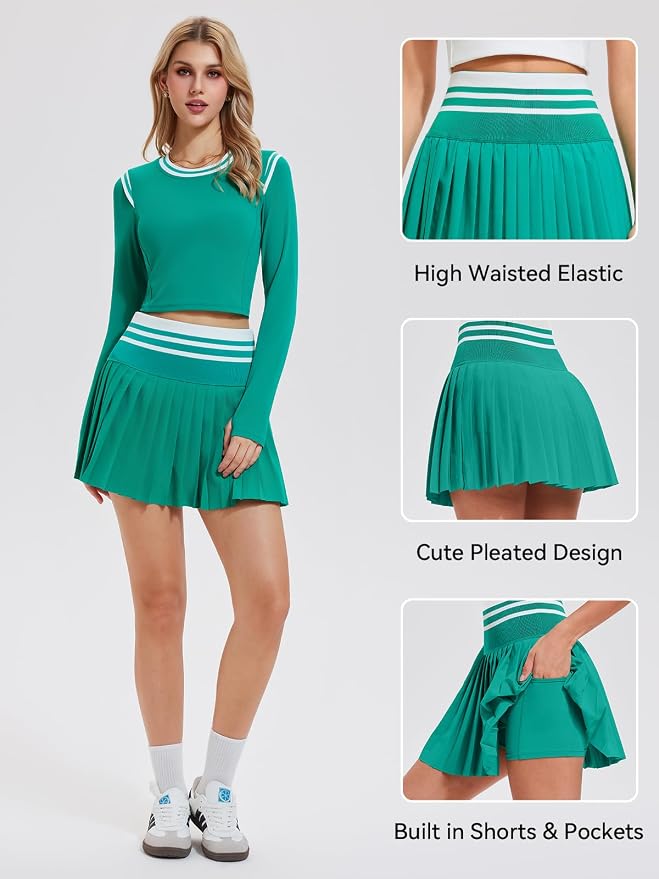 Two Piece Tennis Skirt Set for Women High Waisted Pleated Athletic Golf Skirt Sets Women 2 Piece Outfits with Pockets