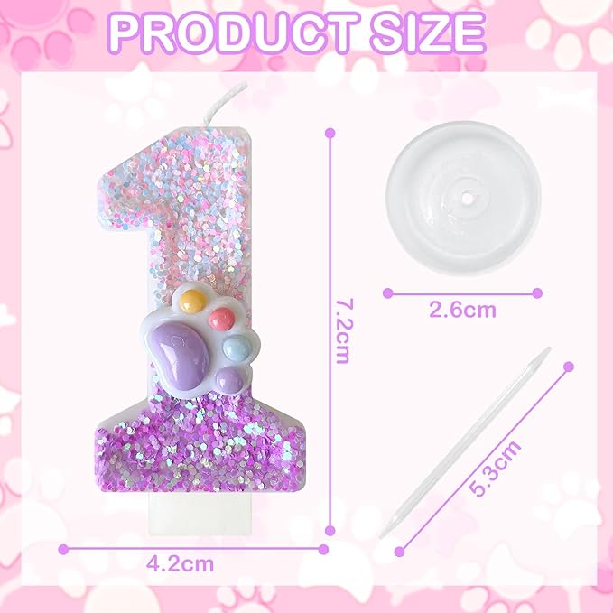 Pink Cat and Dog Paw Birthday Number Candles, Cupcake Decorations, Dog Theme Candles, Suitable for Party Celebrations, Birthday Decoration Supplies (Number 1)