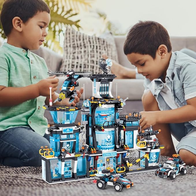 MindBox City Police Station Building Set with Police Car & Helicopter,1430pcs Building Block Toy for Boys 8-12