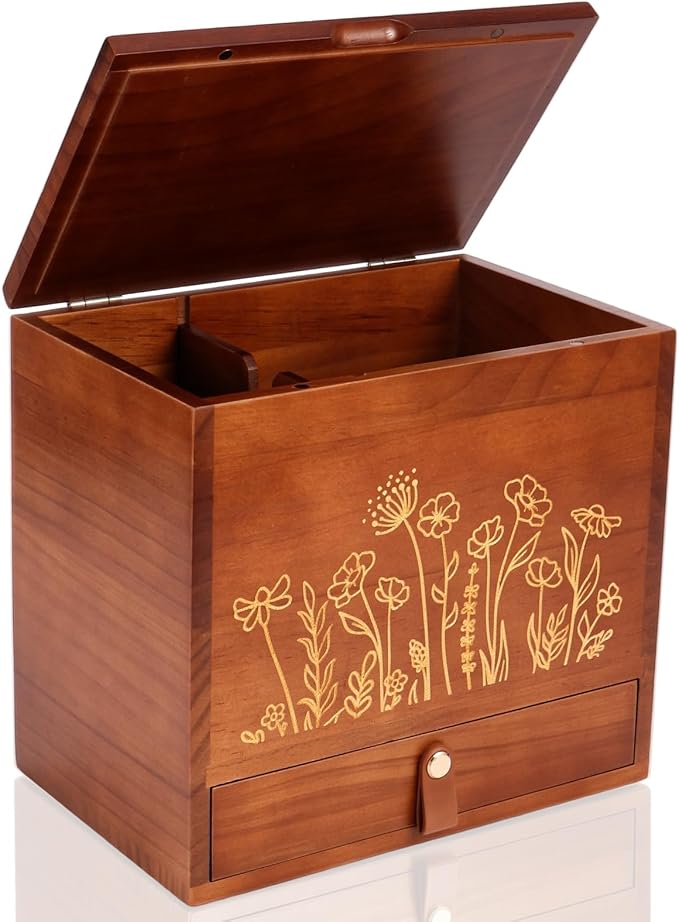 2-Layer Solid Wood Tampon Box Storage Organizer, 100% Wood Bathroom Feminine Accessories Holder with Drawer, Dual-Compartment Holder for Pads, Tampons, & Liners, Gold Floral, Gifts for Women