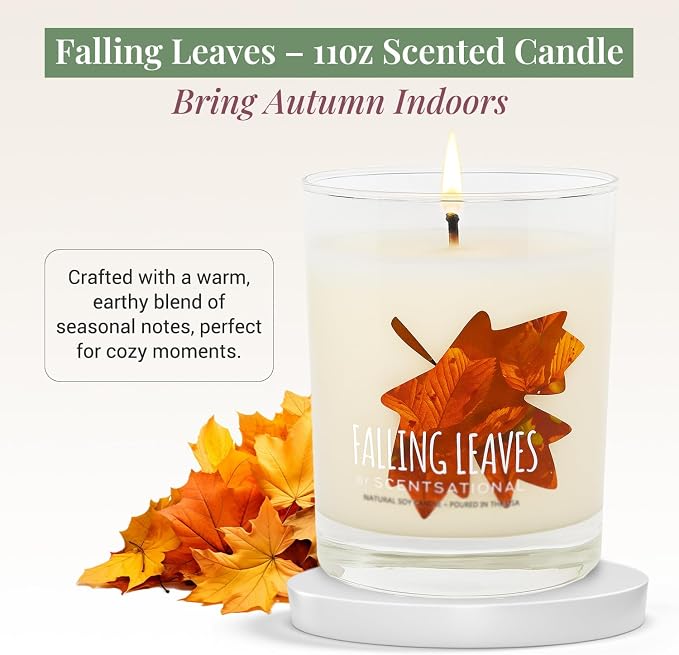 Scentsational Falling Leaves Soy Candle – 11 Oz Jar Candle with Cozy Autumn Scent – Non-Toxic Fall Candles for Home Decor, Gifting & Seasonal Ambience – Hand Poured Soy Blend Scented Candles