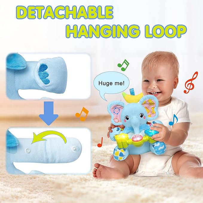 Baby Bilingual Musical Elephant Stuffed Animals Toys,Infant Early Learning Toy with Light-Up Music & Crinkle,Tummy Time Toys for 0 3 6 9 12+ Months for Baby Boy Girl Gift,Blue