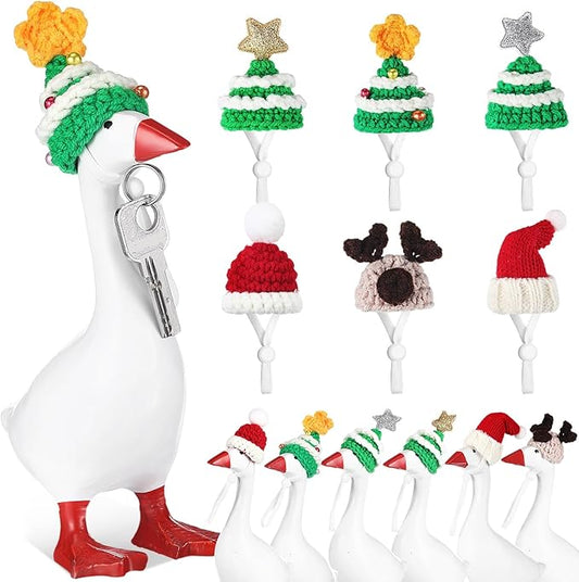 Geyoga 6 Pcs Mini Knitted Hats 7 Inch Goose Outfits Hat with Adjustable Strap Mini Porch Goose Headwear for Statue Key Holder