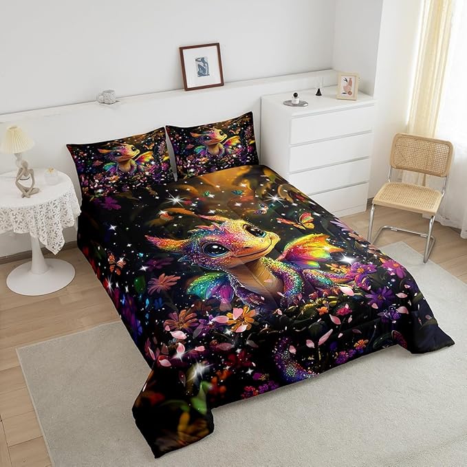 Feelyou Dragon Comforter Set Twin Size Dragon Stuff Comforter for Boys Girls Teens Shiny Flower Bedding Set Dragon Decor Duvet Set Room Decor Carbon Black Quilt Set