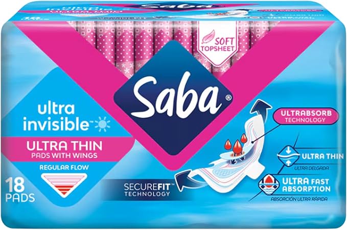 SABA Ultra Invisible Ultra Thin Regular Pads with Wings, SecureFit Technology, 3-Pack of 18 Pads (54 Count)
