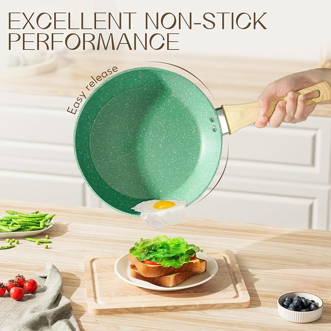 Innerwell Nonstick 9.5 Inch Skillet, Aluminum, Non-Toxic, PTFE & PFOA Free, Suitable for All Stovetops, Easy to Clean, Multipurpose | Even Heating All Stove Compatible, PFOA PFOS Free, Granite Stone Cookware Skillet, Healthy and Non Toxic, Green