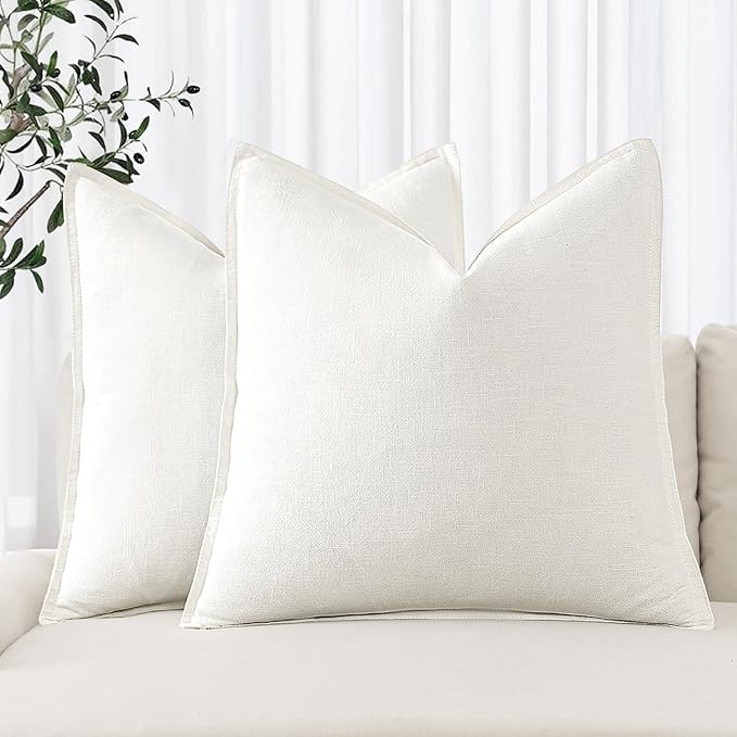 MIULEE Decorative Linen Euro Sham Pillow Covers 24x24 Cream White | Boho Farmhouse Neutral Couch Throw Pillows for Bed, Pack of 2 Accent Modern Pillowcases, Sofa Livingroom Home Decor