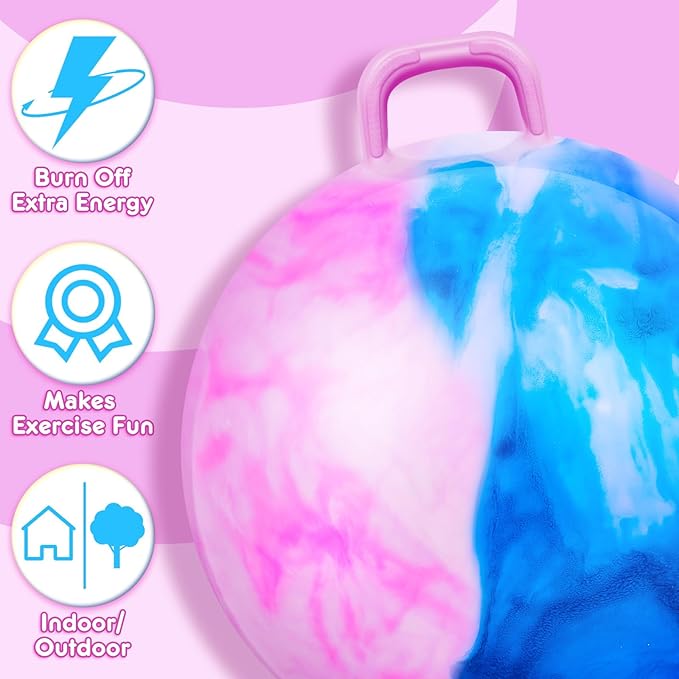 Lewtemi Hopper Ball for Adults, 29 Inch Bouncing Ball Hippity with Handle Rubber Hop, Jumping Hopping Exercise with Air Pump for Outdoors Sports Games Exercise (Blue Pink Cloud)