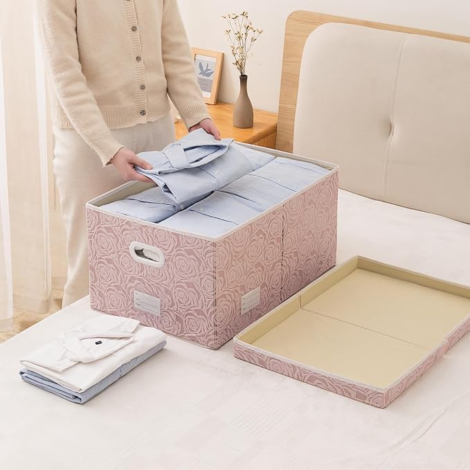 Jumbo Collapsible Storage Boxes with Lids Fabric Decorative Storage Bins Cubes Organizer Baskets with Cover Handles Divider for Bedroom Closet Living Room 23.2x15.7x11.8 Inch 3 Pack
