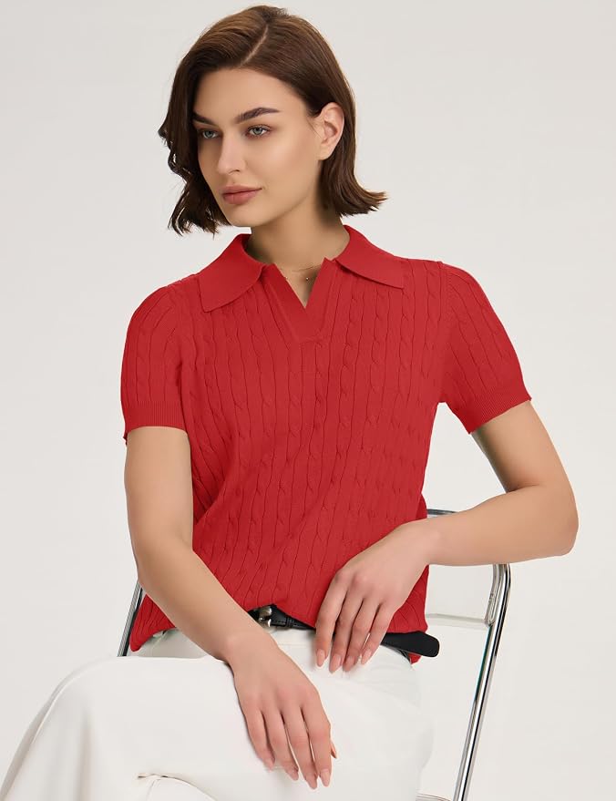 Micoson Womens Short Sleeve Sweater Tops Lapel V Neck Polo Shirts 2026 | Summer Cable Knit Loose Blouses, Business Casual Outfits