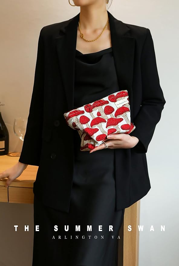 Summer Swan Mid-day Clutch - Floral Makeup Bag | Period Kit & Hygiene Bag - Cute Mushroom Red