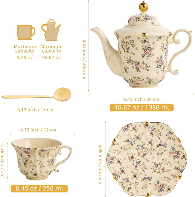 TATSUMI Country Roses Porcelain Tea Set, European Ceramic tea set for adults,Vintage Style, For Women and Tea Parties (Yellow, 13 Pieces Set)