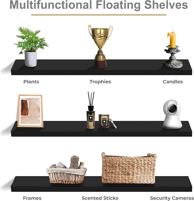 Sorbus Floating Shelves for Wall - 55 Inch Extra-Long Bathroom Shelves, Wall Decor for Bedroom, Kitchen, Living Room, Book Storage - Mounted Floating Shelf with Hidden Brackets (Black, 3 Pack)