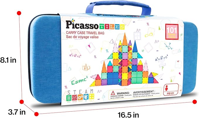PicassoTiles Magnetic Tiles 101pcs Magnet Tile Building Blocks STEM Toy Set with Storage Case Educational Construction Kit for Kids Toddlers Boys Girls Age 3 Plus Travel Learning Carry Bin PB101