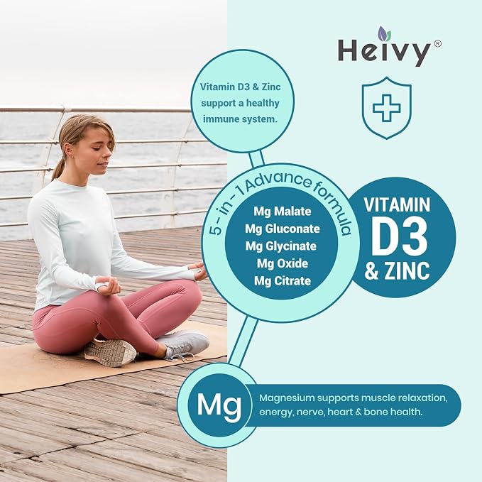Heivy Magnesium Complex 3 Pack, Magnesium Glycinate, Citrate, Malate, Oxide, Gluconate with Zinc and Vitamin D3, Magnesium Supplement for Muscle, Nerve, Heart, Bone Support, High Absorption