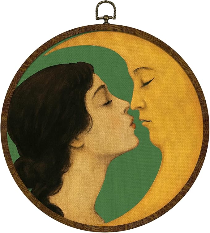 KLYTINK Romantic Moon and Young Girl Round Wall Art,Vintage-Inspired Celestial Canvas Print, Surreal Moon and Woman Hanging Decor for Bedroom, Gallery Wall 10''x10''
