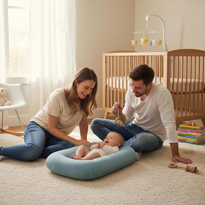 Baby Lounger 0-24 Months 100% Cotton-Snuggle Cozy Me Lounger,Soft & Breathable Baby Lounger for Newborn Play Mat,Infant Babies Essentials Gifts,Blue(Lounger Cover Included)
