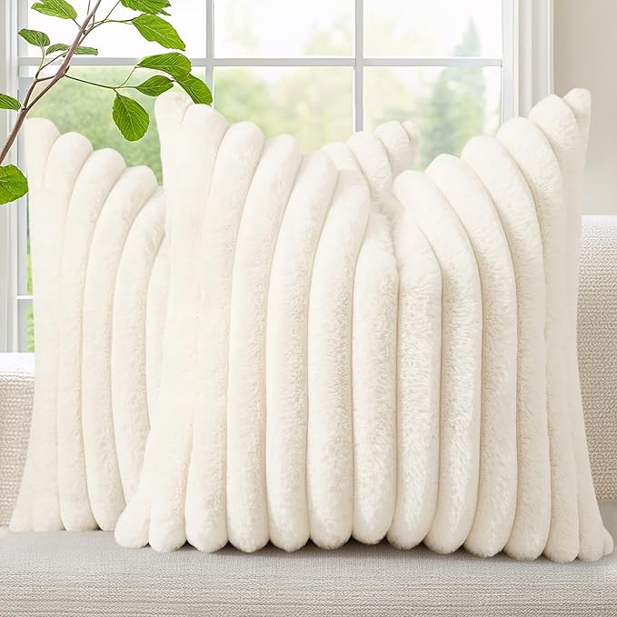 decorUhome Fall Faux Fur Throw Pillow Covers 16x16 Set of 2 Cream White | Decorative Soft Cozy Striped Plush Modern Farmhouse Boho Couch Pillow Cases Velvet Back for Sofa Bed Living Room Home Decor