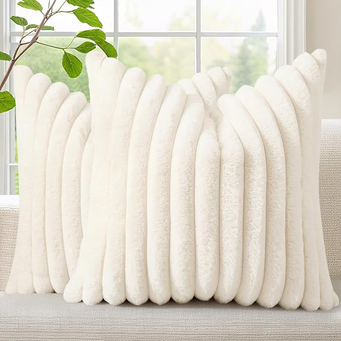 decorUhome Fall Faux Fur Throw Pillow Covers 18x18 Set of 2 Cream White | Decorative Soft Cozy Striped Plush Modern Farmhouse Boho Couch Pillow Cases Velvet Back for Sofa Bed Living Room Home Decor