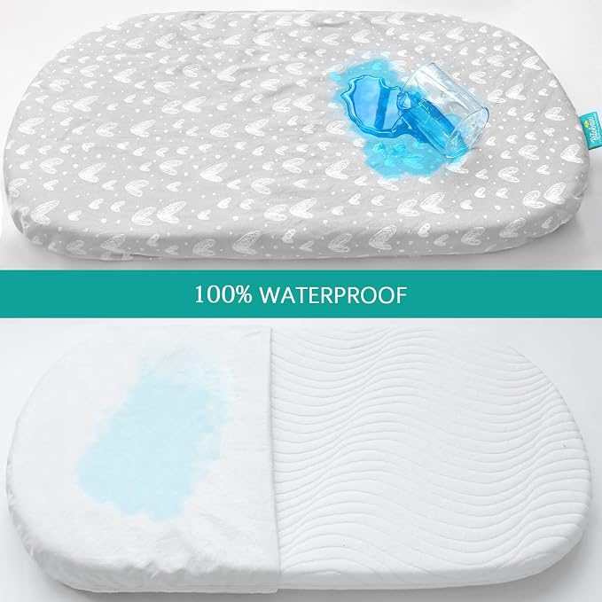 Waterproof Bassinet Sheets Fit for Halo, Dream on Me, Ingenuity, Fisher Price, Delta, Graco and Other Oval Bassinet Mattress, 2 Pack, 100% Cotton, Ultra Soft, White Grey Star Print for Baby