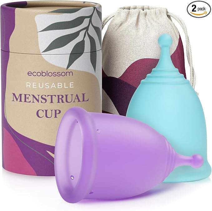 EcoBlossom Reusable Menstrual Cup Set - The Most Reliable Medical Grade Silicone Period Cups - Comfortably use for 12 Hours (2 Large Cups)