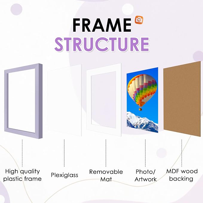 FIXSMITH 8.5x11 Picture Frame Set of 2, Purple Photo Frame with HD Plexiglass, Display Pictures 6x8 with Mat or 8.5x11 Without Mat, Black Picture Frames Collage Wall Decor, Gallery Wall Frame