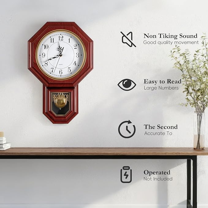 Pendulum Wall Clock,Imitation Wood Plastic Regulator Wall Clocks,Red | Battery Operated,Non-Ticking,Retro Wall Decor Gift,Easy to Read,For Living Room,Dining Room,Schoolhouse,Farmhouse