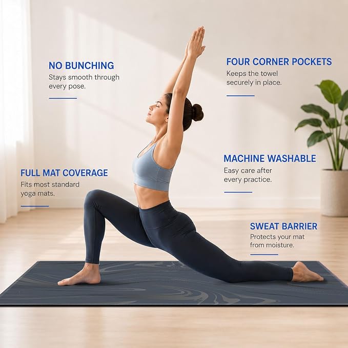 Yoga Mat Towel, Hot Yoga Non Slip with 4 Corner Pockets, 70 x 26 in | Soft Absorbent Microfiber With Four Corner Pockets, Fits Over Yoga Mats For Hot Yoga, Pilates, Gym, And Travel
