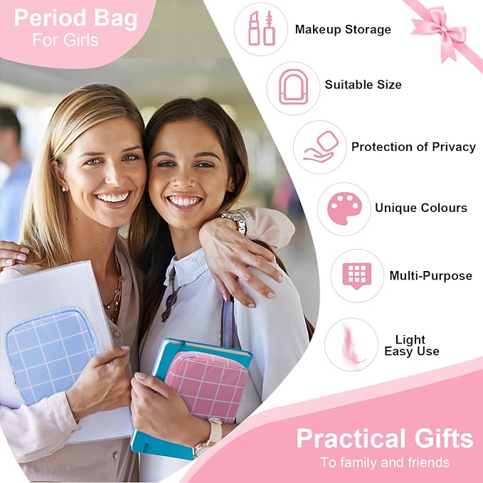 Period Bag Pouch Soft Cloth Sanitary Napkin Storage Bag Portable Menstrual Pad Pouches Tampon Holder for Purse First Period Kit for Girls 9-12 (Purple-White Check)